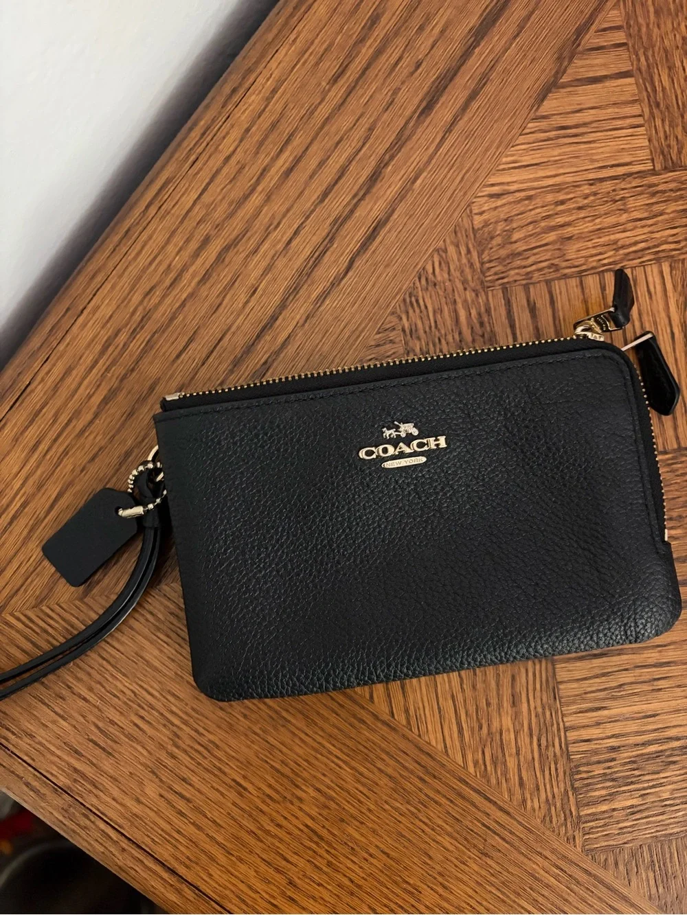 Coach Black Pebbled Leather Double Zip Wristlet with Gold Hardware
